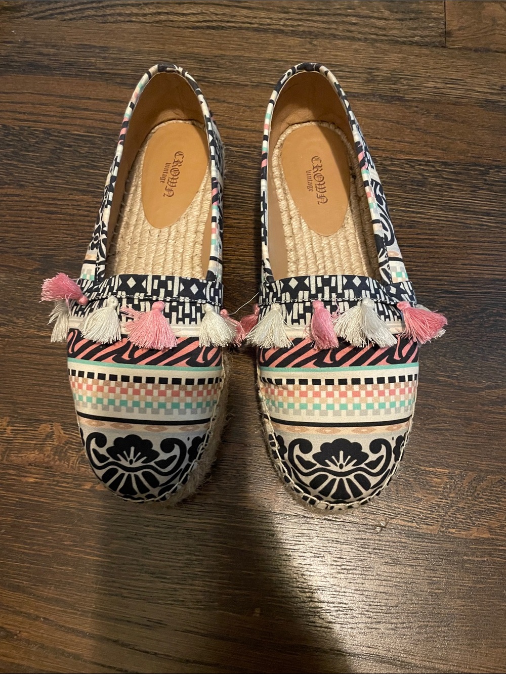 Crown Printed Espadrilles with Pink and Cream Tassels